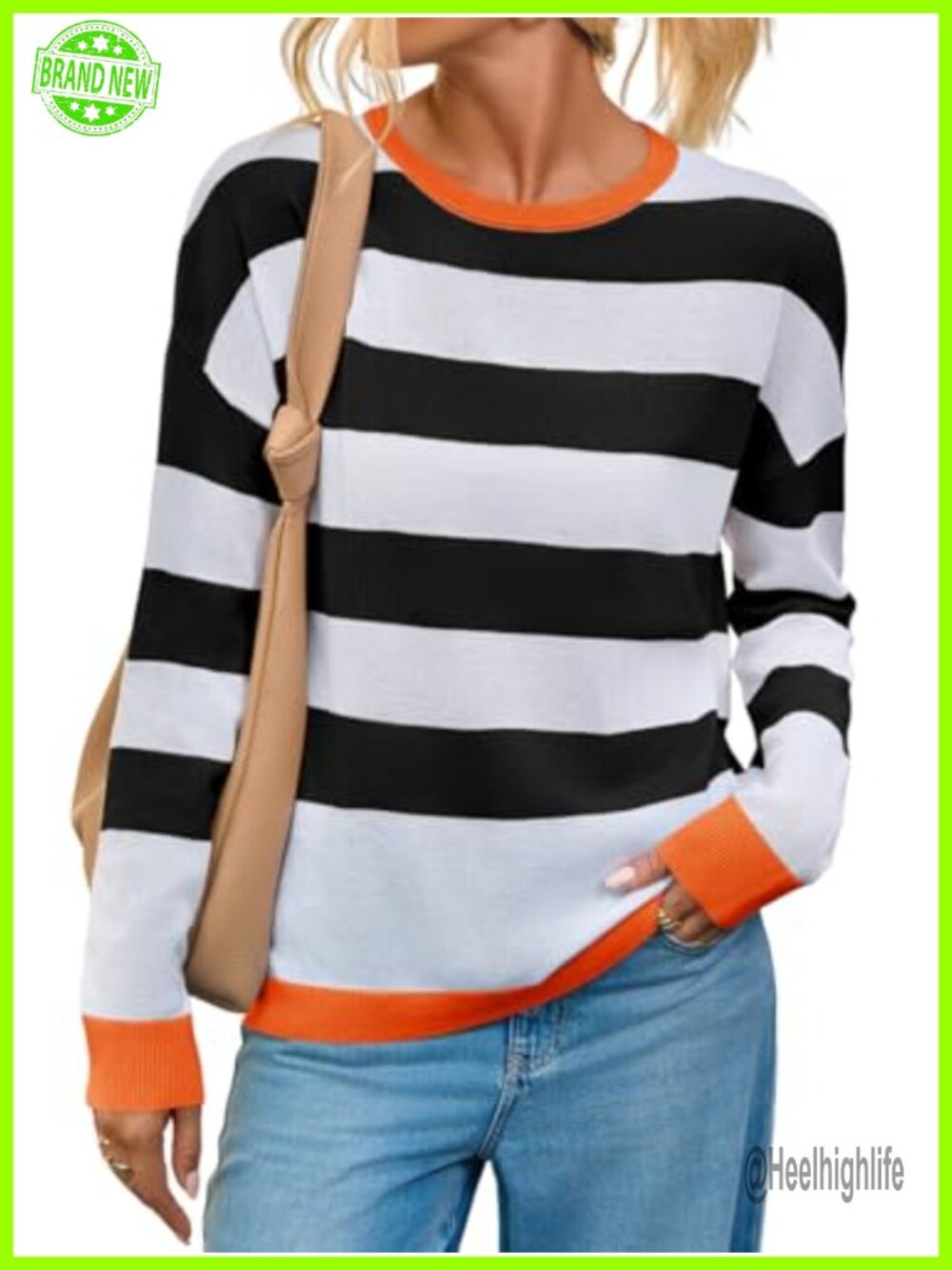 Womens Long Sleeve Color Block Striped Knit Pullover Sweater Crewneck